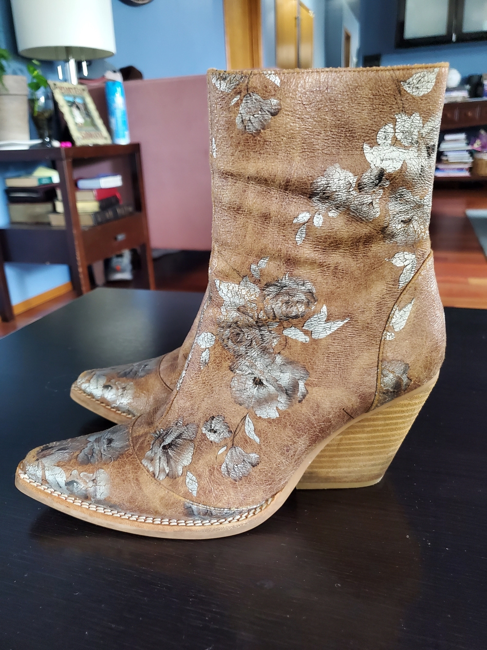 Free People Tan Brown Floral Embossed Ankle Boots